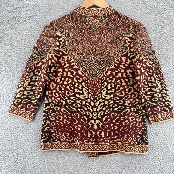Chicos Sweater Womens 1 US Medium Brown Animal Jacquard Open Cardigan Stretch - Picture 3 of 10